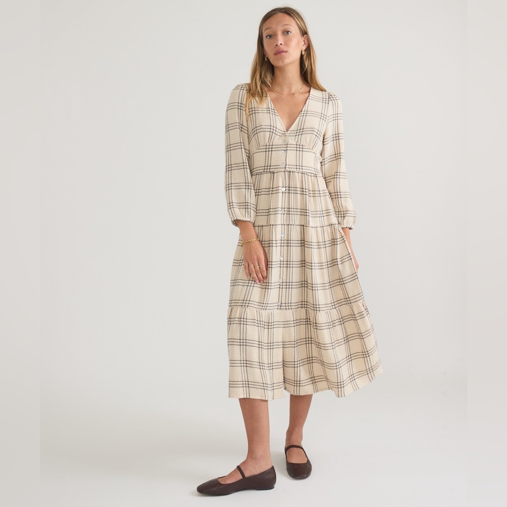 NWT $148 Marine Layer Maeve Maxi Dress Cream Windowpane Plaid Medium Flowy Boho